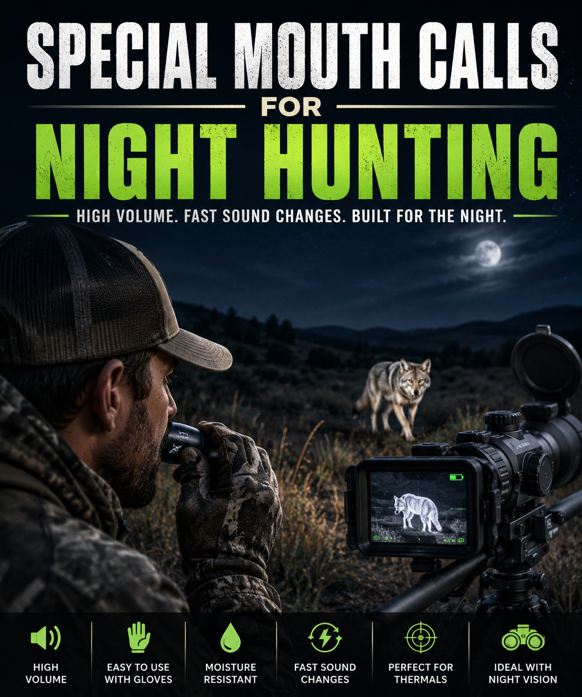Hunter using a coyote mouth call while calling a coyote at night with thermal optics. The image highlights the best coyote mouth calls for predator hunting