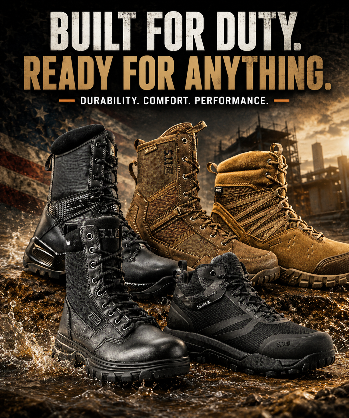 5 different tactical boots by 5.11 Tactical on display with water running