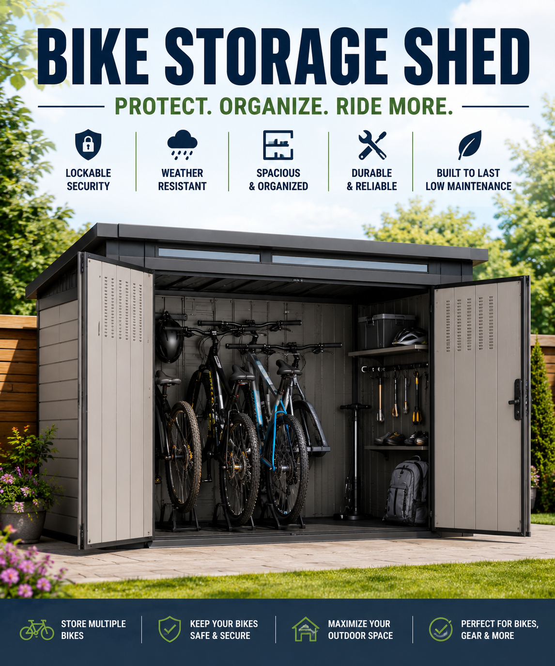 Modern lockable waterproof bike storage shed with multiple bicycles, shelving, and organized outdoor bicycle storage in a backyard.