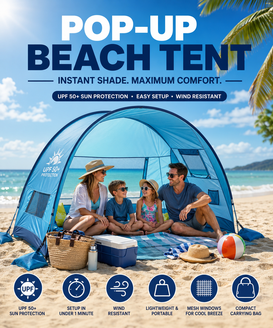 Family relaxing under a modern pop-up beach tent with UPF 50+ sun protection on a sunny beach with ocean waves in the background.