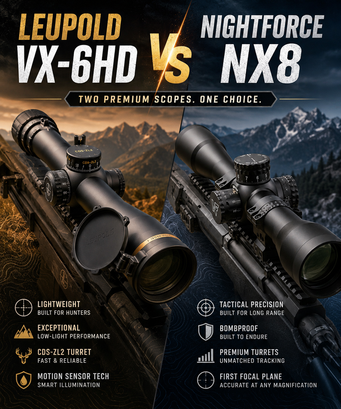 Premium riflescopes side-by-side comparing optics, long-range precision, hunting performance, durability, and tactical features for hunters and precision shooters.