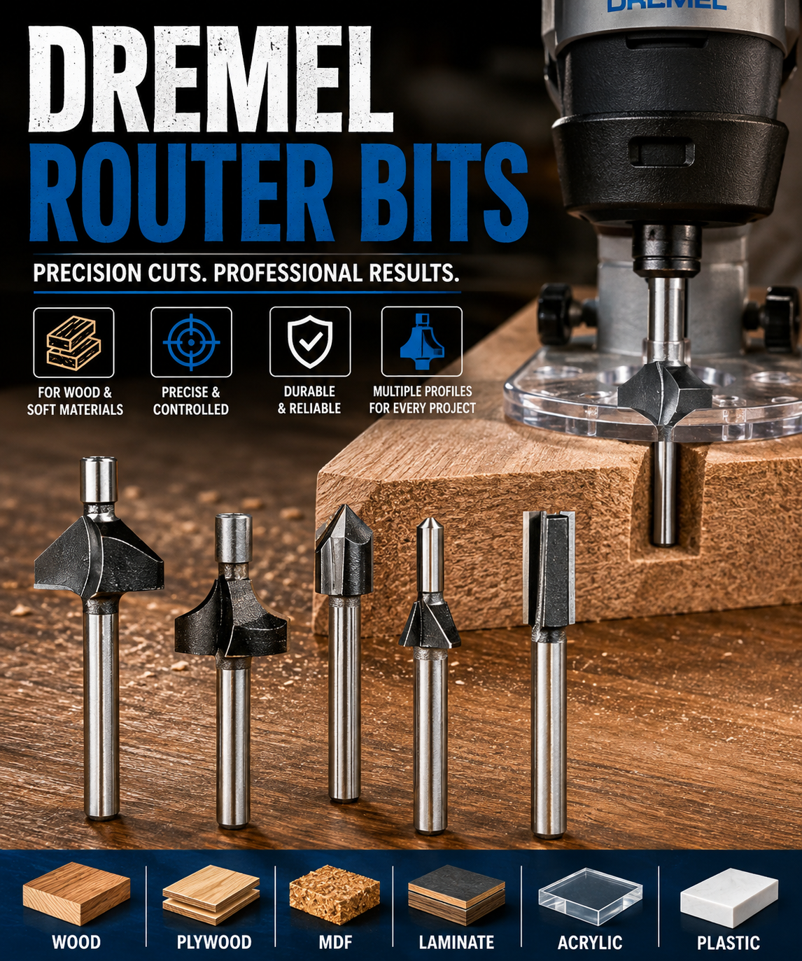 Close-up of multiple Dremel router bits used for woodworking, showcasing chamfer, straight, V-groove, and edge-forming bits designed for routing, edging, grooving, and decorative cuts