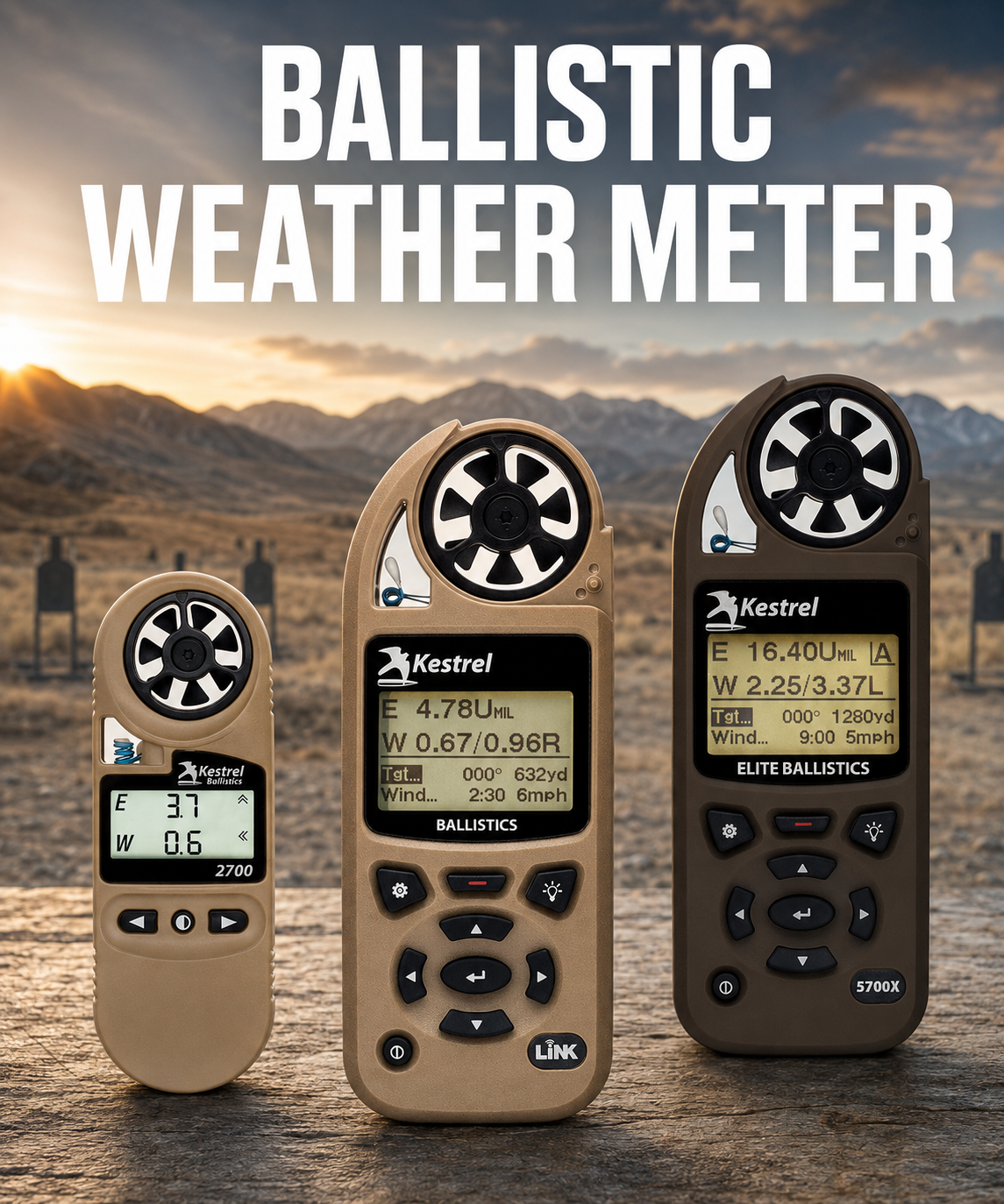 Kestrel 2700, 5700 Ballistics, and 5700X Elite ballistic weather meters at an outdoor long-range shooting range.