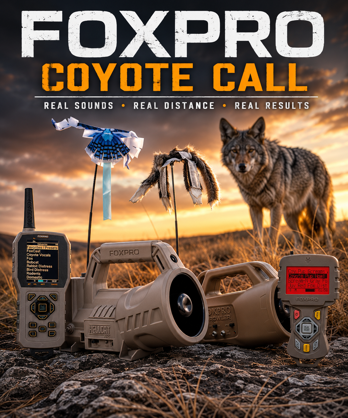 FOXPRO electronic coyote call with remote control and motion decoy set up in open predator hunting terrain.