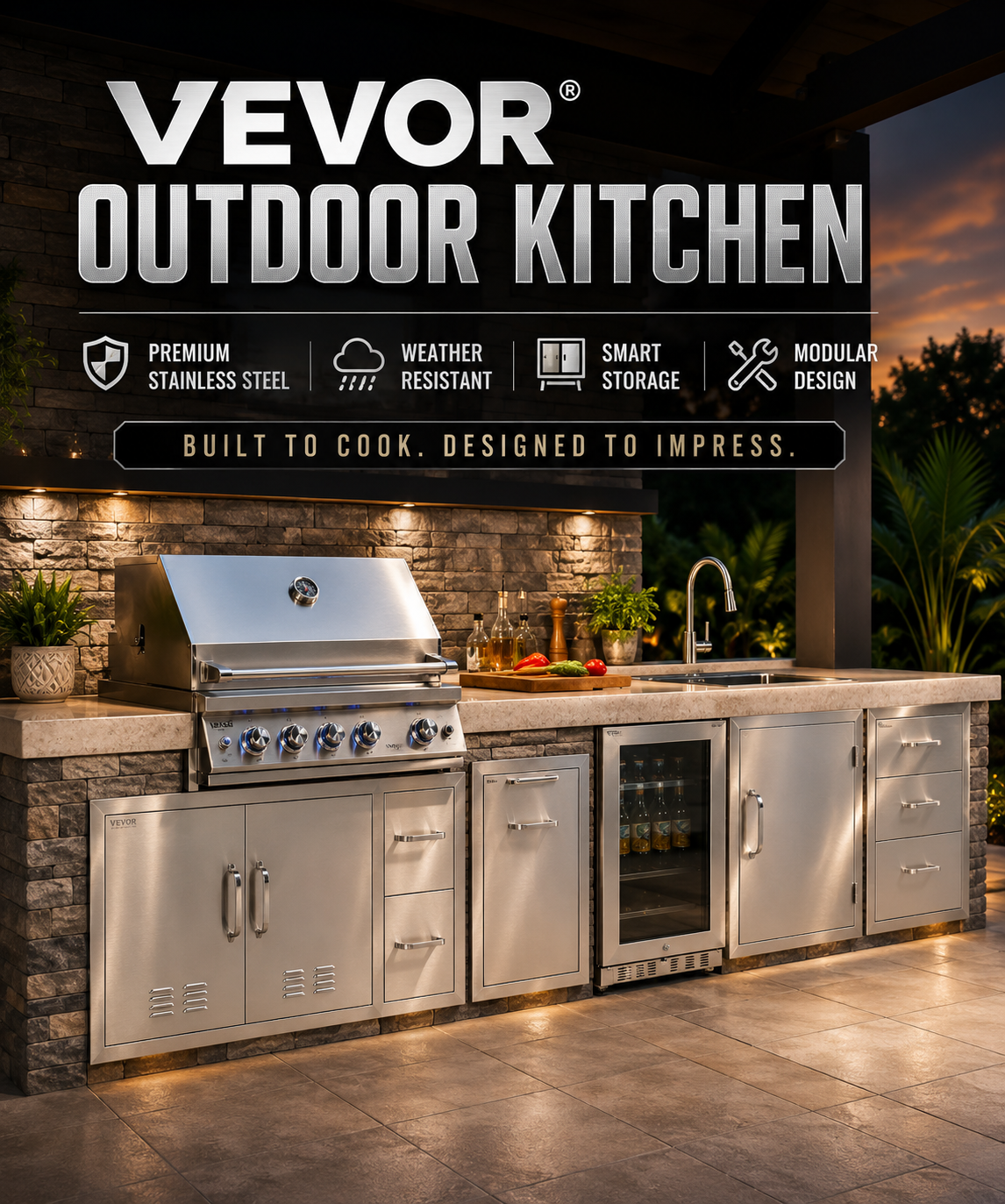 Modern VEVOR outdoor kitchen featuring stainless steel cabinets, storage drawers, sink, and built-in grill in a stylish backyard cooking and entertainment area.