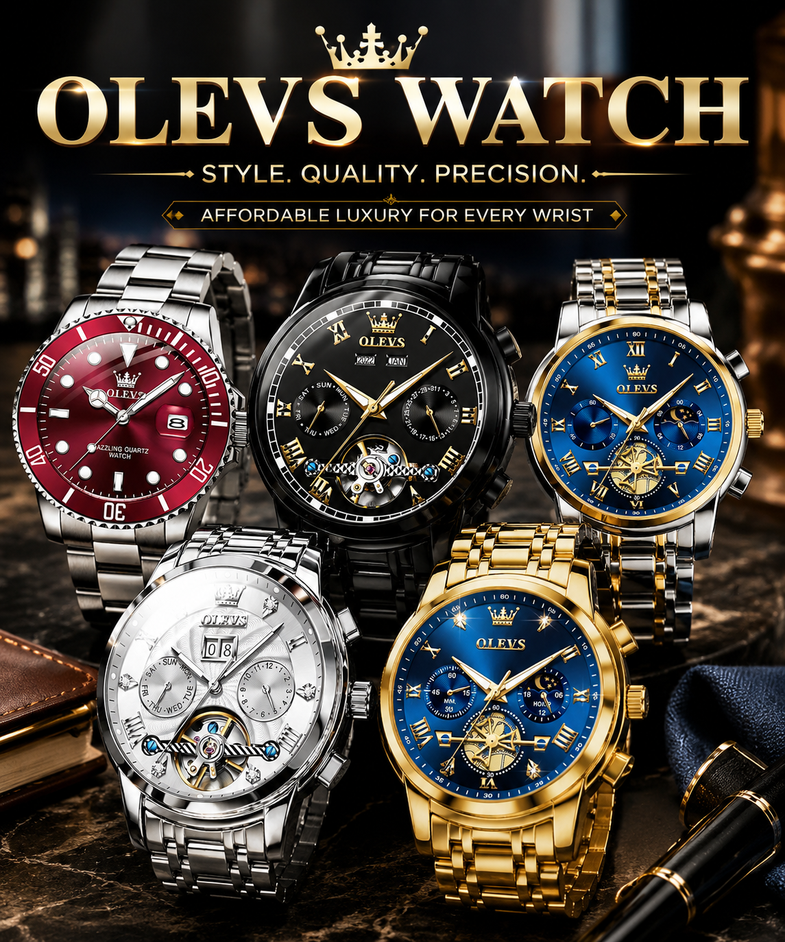 OLEVS Watch collection featuring red, black, blue, silver, and gold watches with quartz and automatic movements
