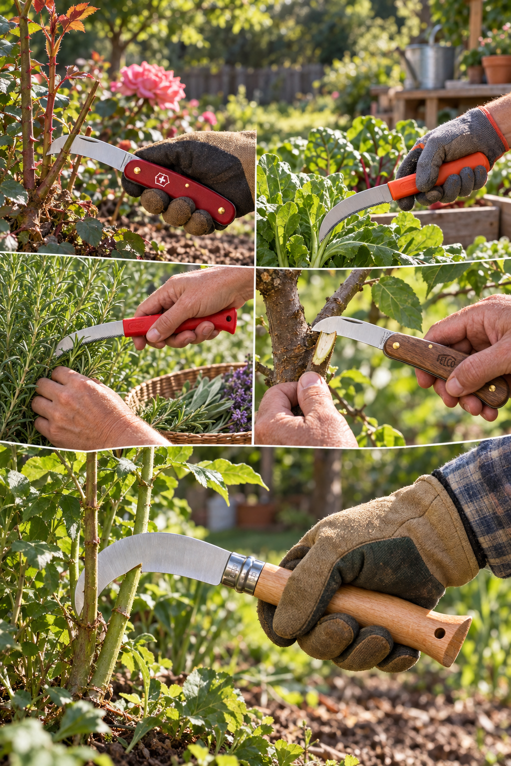 Curved pruning knife on a wooden garden workbench beside freshly cut branches and work gloves