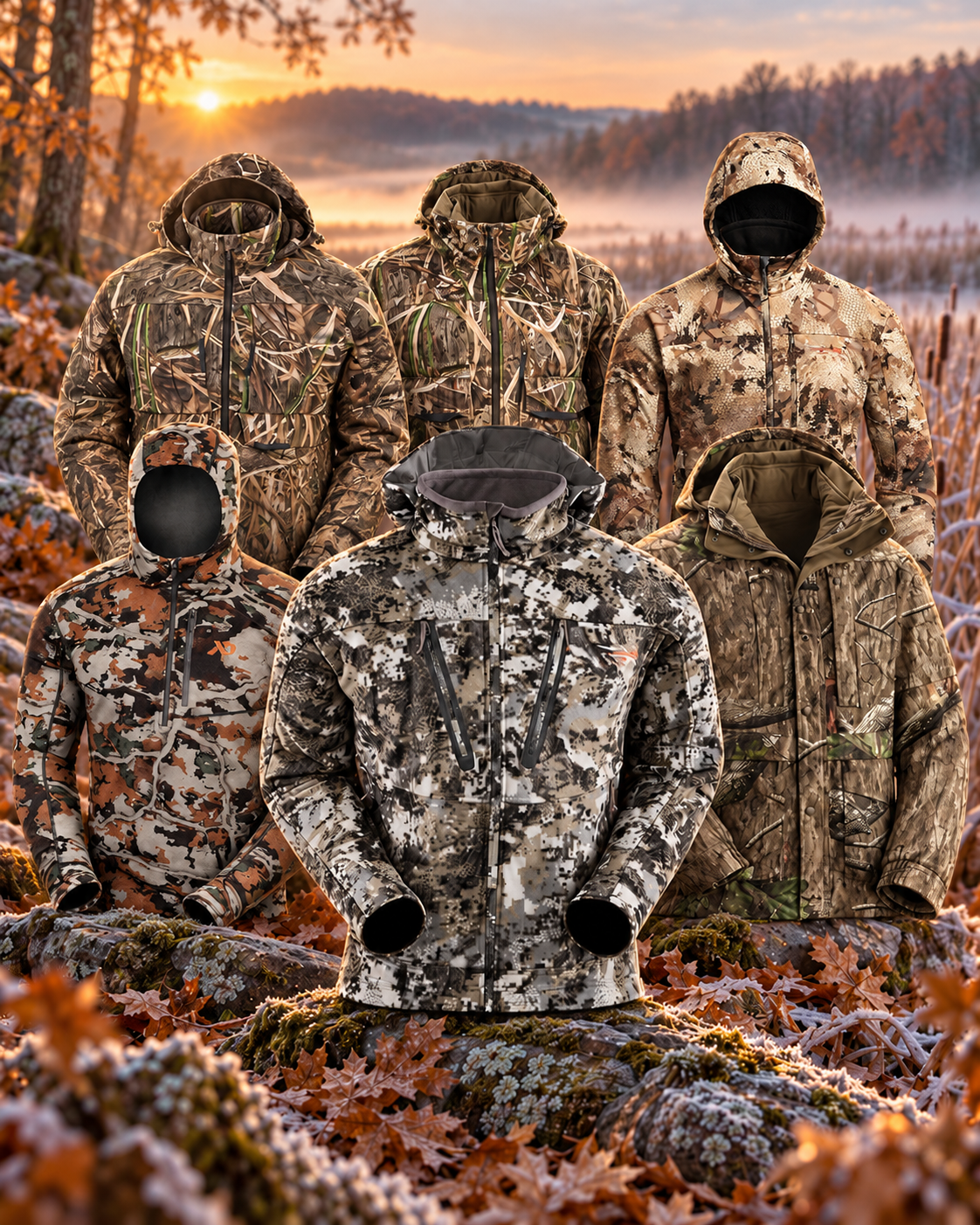 Six of the best hunting jackets for men displayed in a frosty hardwood and marsh setting at sunrise.