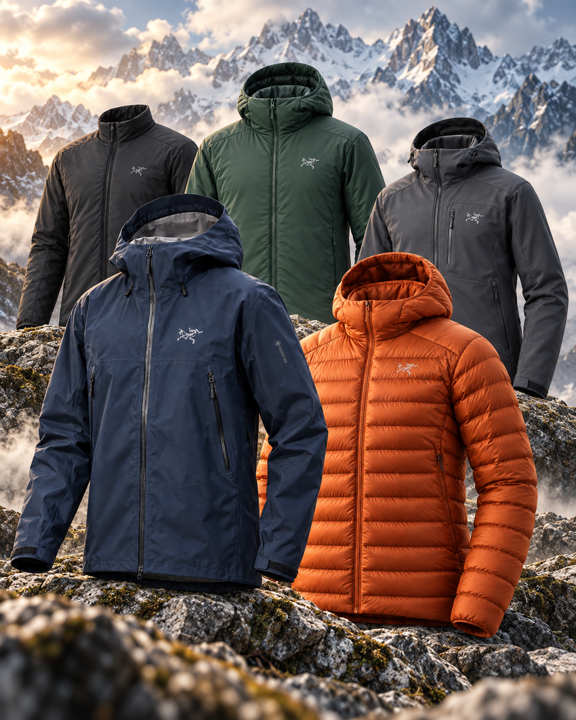Best men’s Arc’teryx jackets displayed in a rugged snow-covered mountain landscape