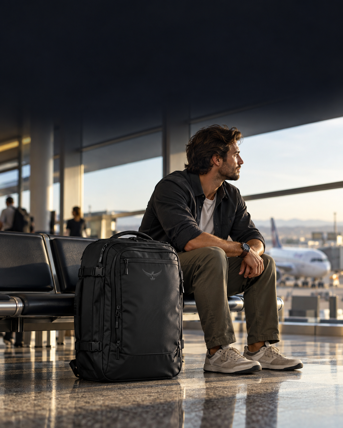 Traveler seated in an airport beside a black travel backpack