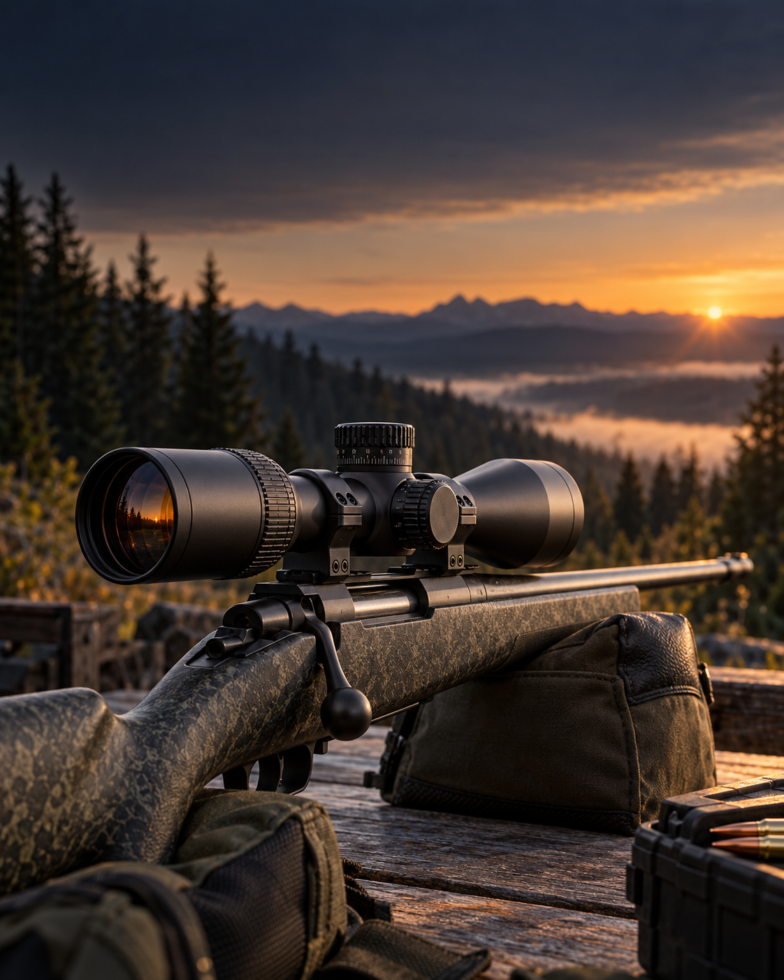 Compact riflescope mounted on a hunting rifle at a shooting bench overlooking a forest at sunrise.