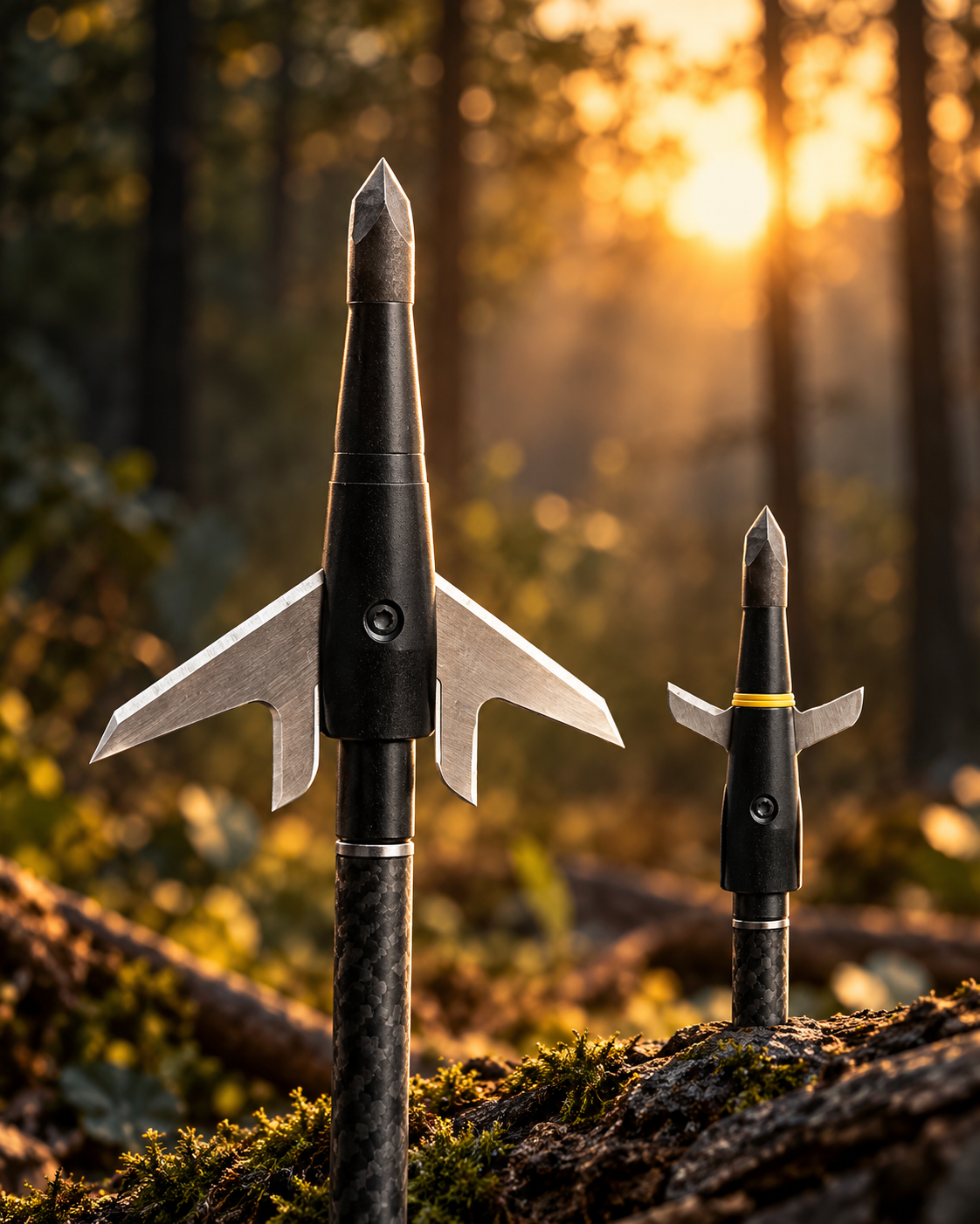 Open and closed Swhacker #201 broadheads on arrows against a sunlit woodland background.
