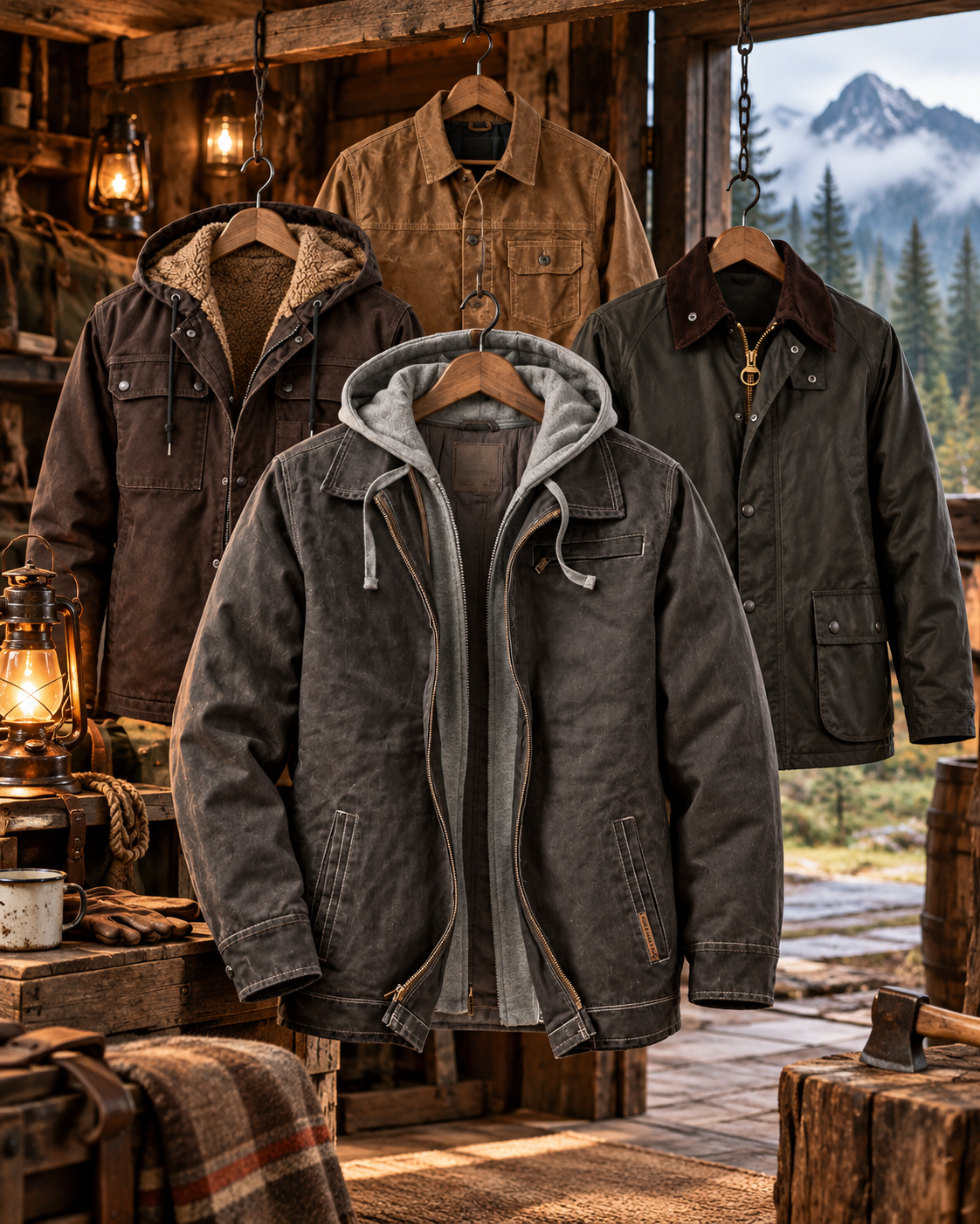 Four of the best waxed canvas jackets for men displayed in a rustic outdoor workshop