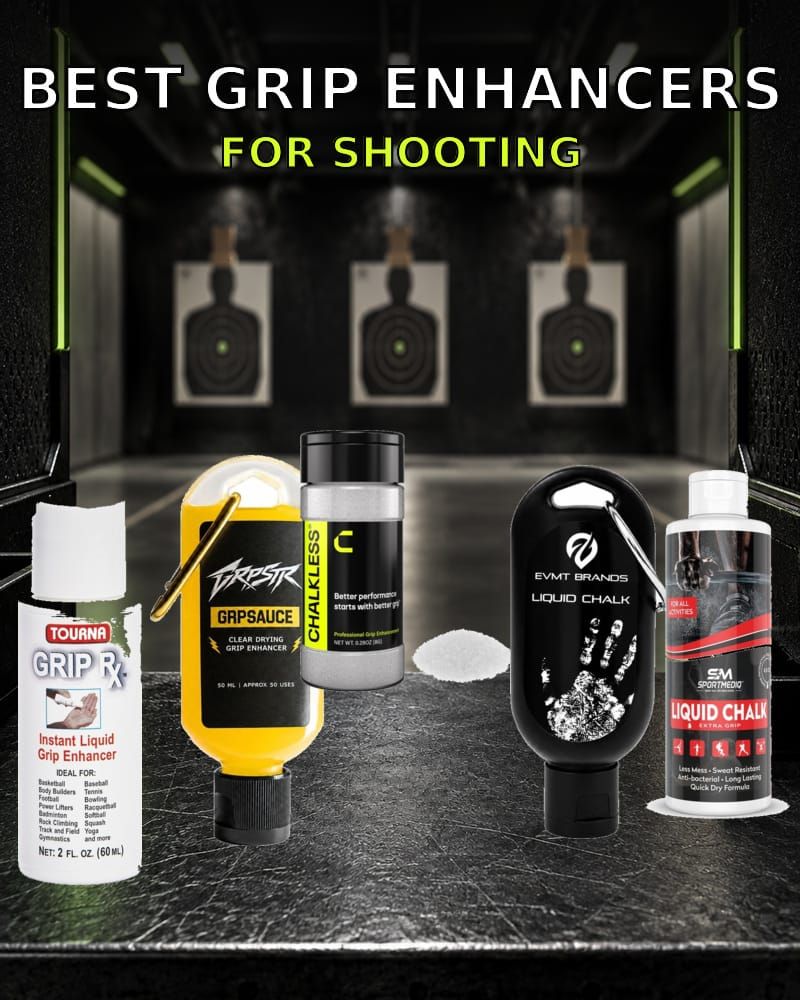 Best grip enhancers for shooting displayed at an indoor range, including Chalkless, GripSauce, EVMT liquid chalk, Tourna Grip Rx and Firm Grip spray.