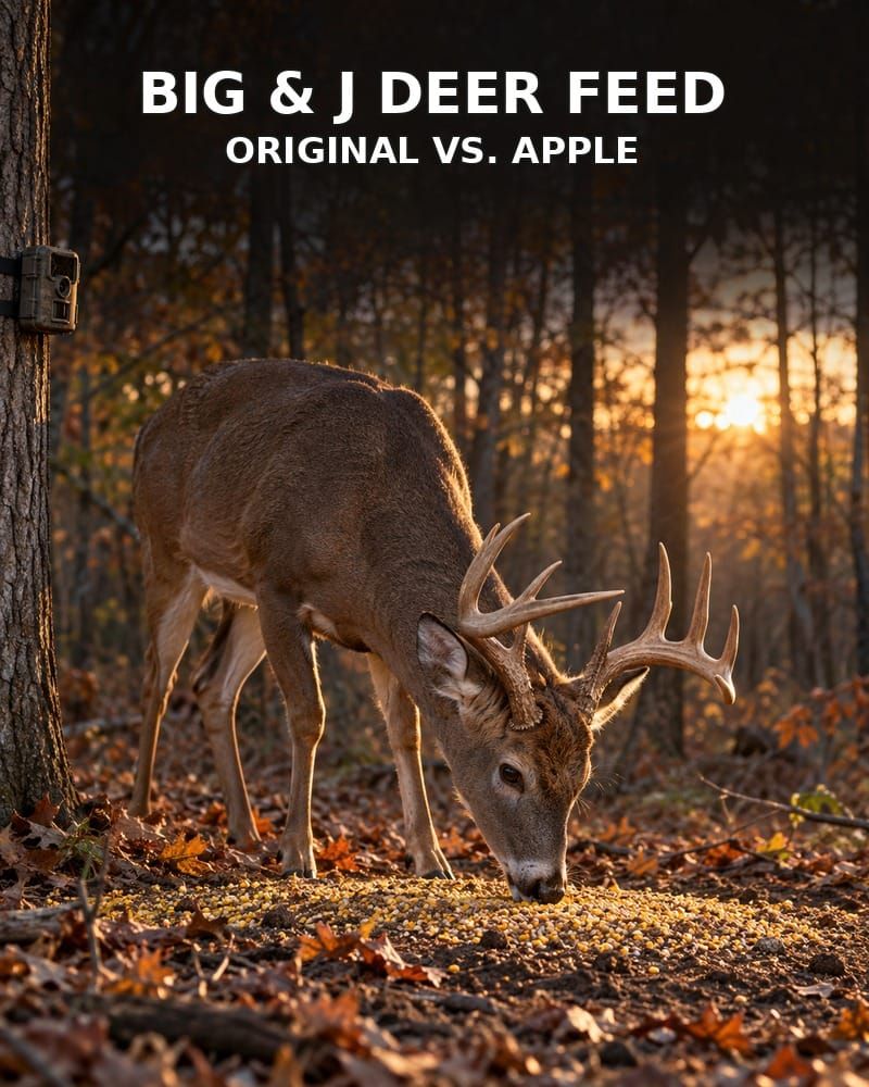 Whitetail buck feeding near a trail camera in an autumn woodland at sunrise.