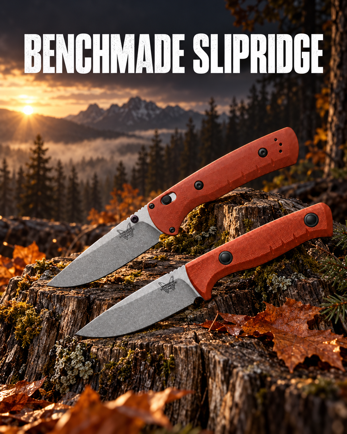Benchmade SlipRidge fixed and folding MagnaCut hunting knives displayed on a rugged tree stump at sunrise