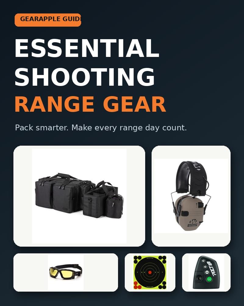 Organized shooting range bag with ear protection, safety glasses, targets, and accessories on a shooting bench