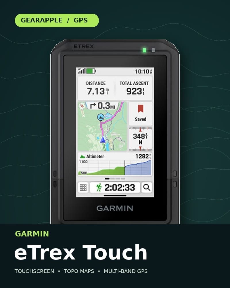 Garmin eTrex Touch handheld GPS displaying a trail map against a dark topographic background