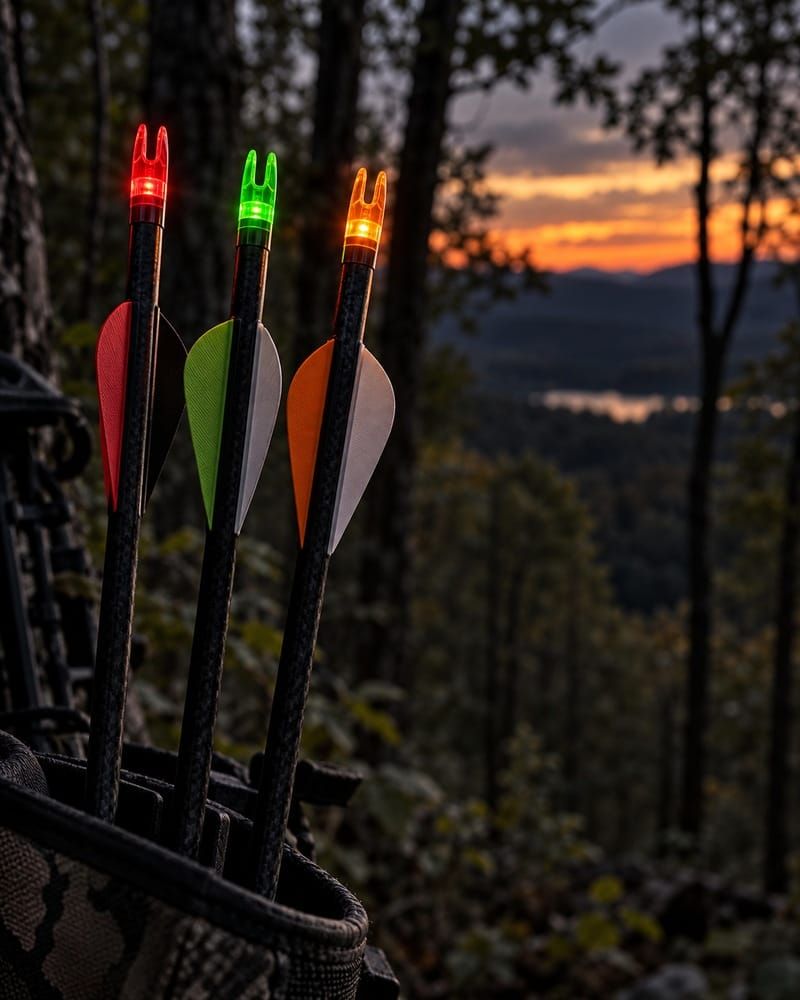 Red, green, and orange illuminated nocks on hunting arrows in a quiver at dusk.