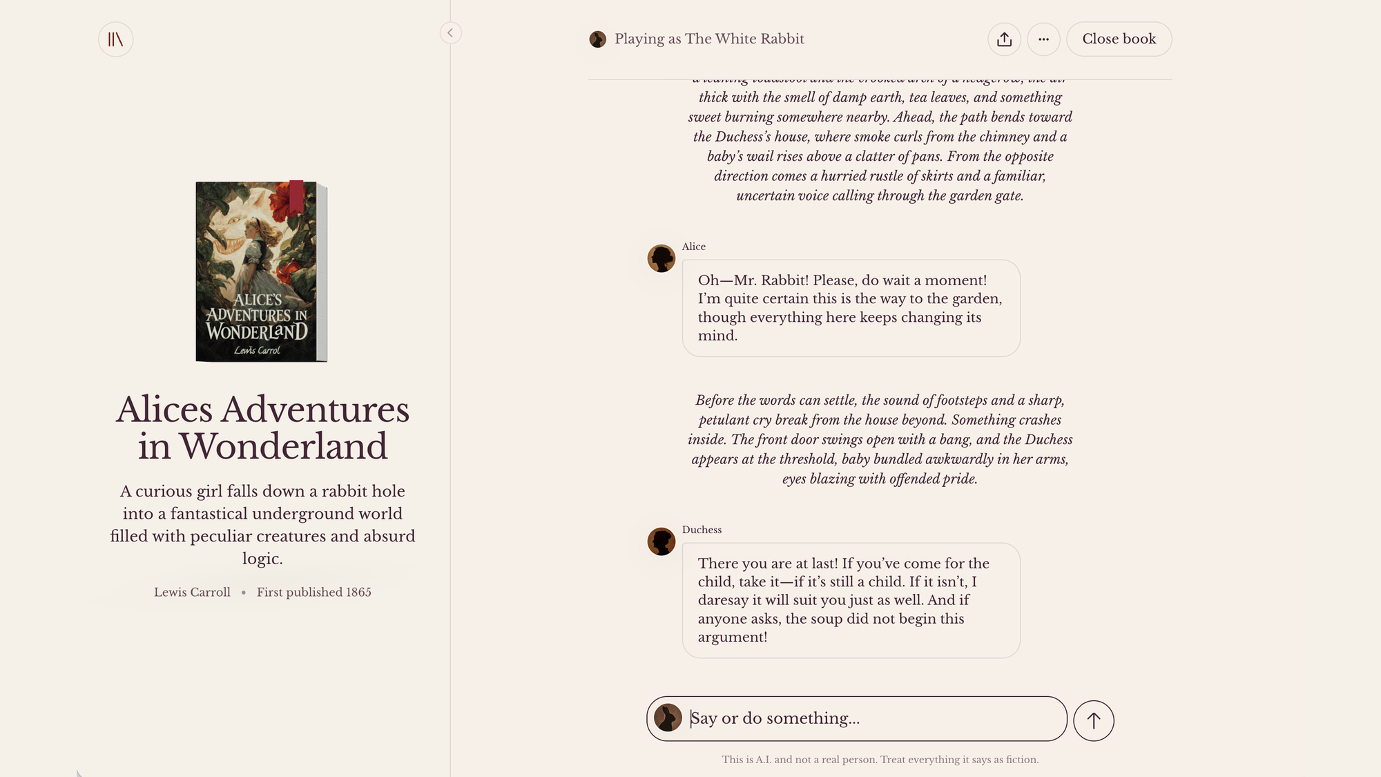 A chat interface showing a user interacting with Alice's Adventures in Wonderland.