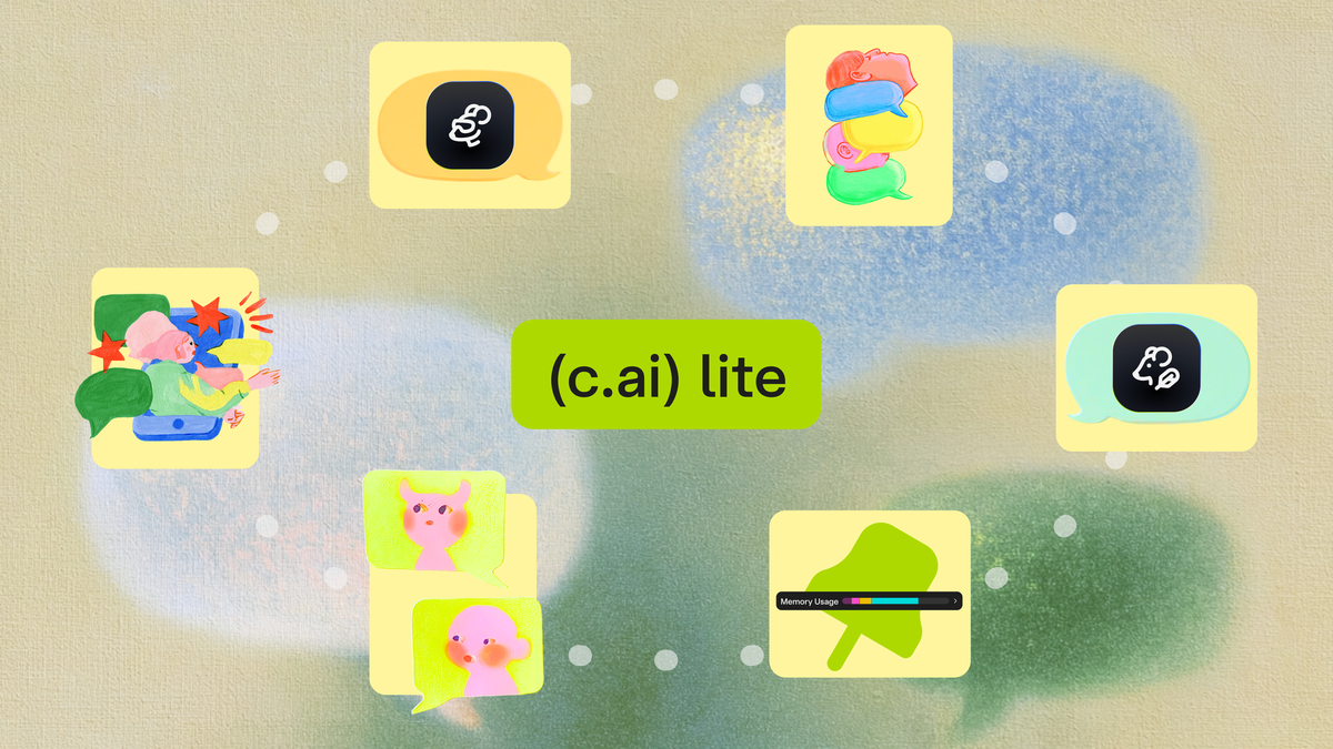 Official Character.ai blog header for the lite plan: a pale yellow-green illustrated scene with a lime label reading (c.ai) lite surrounded by chat-bubble icons, a pink character avatar and a memory usage bar