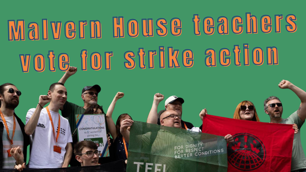 A group of workers from Malvern House pose holding up their fists and flags. Above them is text on a green background reading "Malver House teachers vote for strike action"