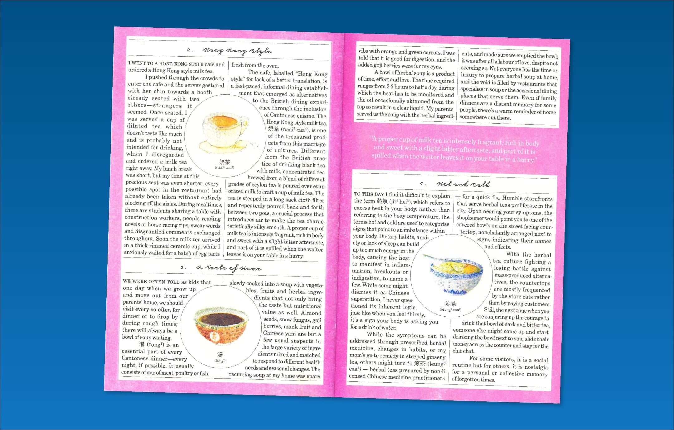 Spread from issue two of Chutney magazine featuring three blocks of text on a pink background and, set inside the text, illustrations of cups and bowls