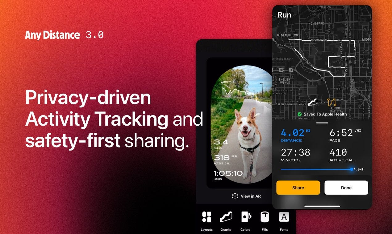Digital collage on a red-gradient background featuring two images of the Any Distance interface the text, "Privacy-driven Activity Tracking and safety-first sharing"