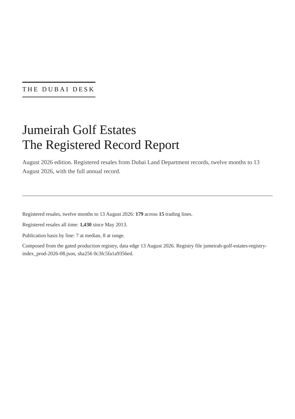 Cover of the Jumeirah Golf Estates Registered Record Report, August 2026 edition
