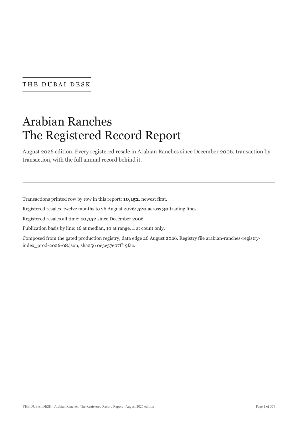 Cover of the Arabian Ranches Registered Record Report, August 2026 edition