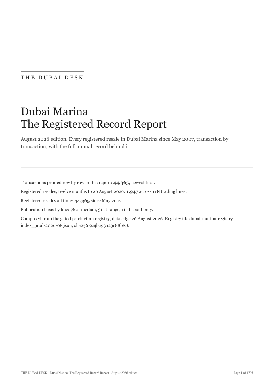 Cover of the Dubai Marina Registered Record Report, August 2026 edition