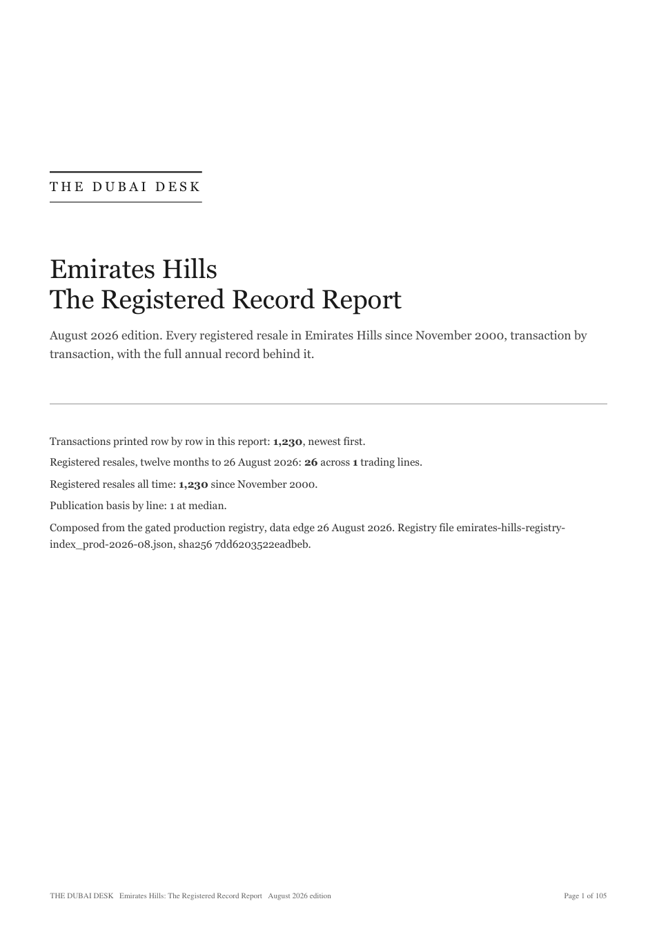 Cover of the Emirates Hills Registered Record Report, August 2026 edition