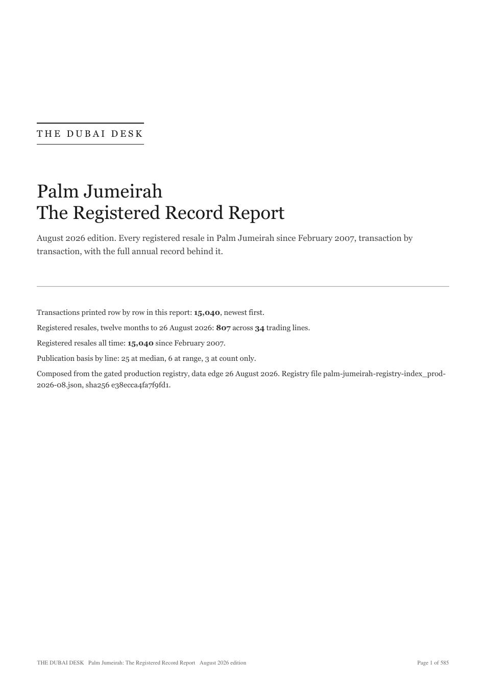 Cover of the Palm Jumeirah Registered Record Report, August 2026 edition