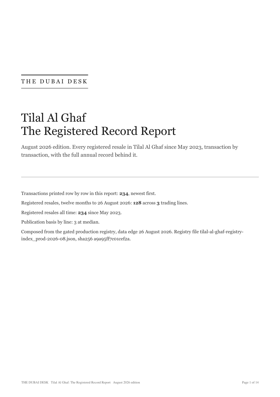 Cover of the Tilal Al Ghaf Registered Record Report, August 2026 edition