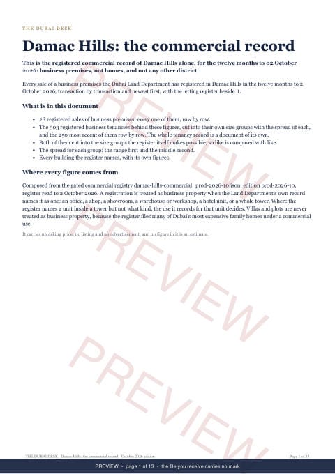 Page 1 of 13: the cover of the Damac Hills Commercial Record Report, the twelve months, marked preview