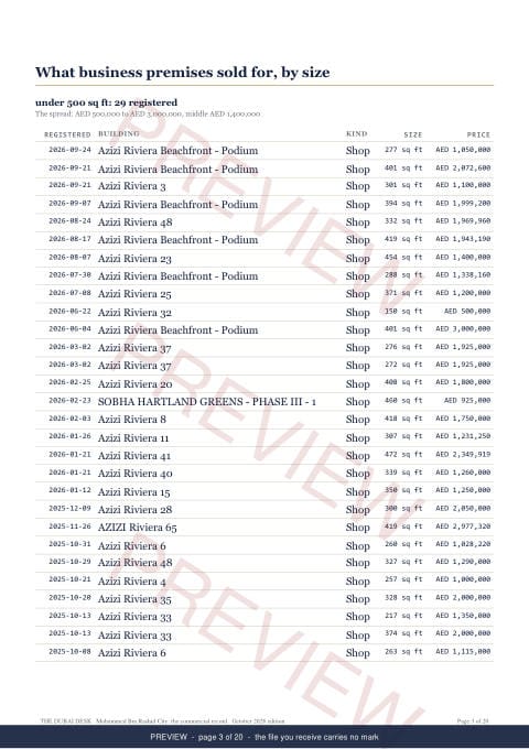 Page 3 of 20: where the rows begin of the Mohammed Bin Rashid City Commercial Record Report, the twelve months, marked preview