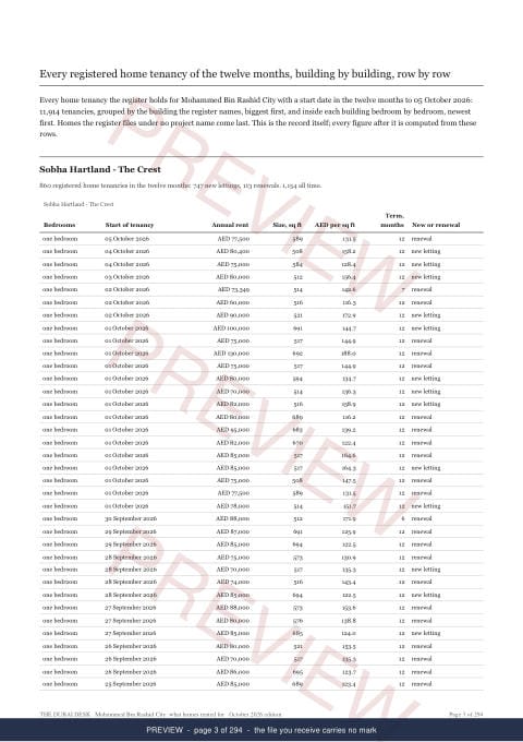 Page 3 of 294: where the rows begin of the Mohammed Bin Rashid City District Rent Record, the twelve months, marked preview
