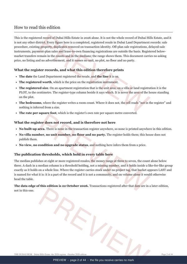 A page from inside the Dubai Hills Estate registered record report