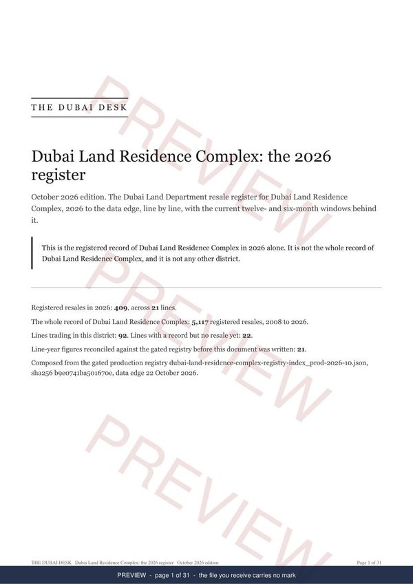 The cover of the Dubai Land Residence Complex registered record report