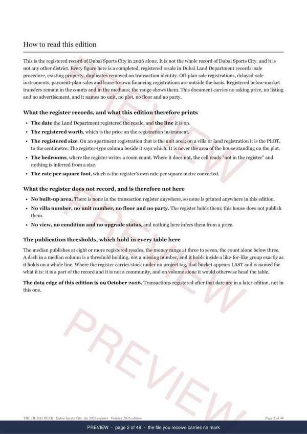 Dubai Sports City, page 2 of the report, shown as a preview
