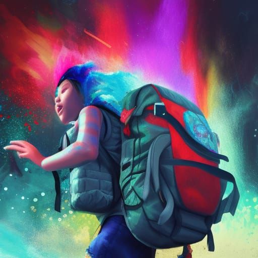 Bad AI: Vibrant painting of a bewildered person carrying a stunning backpack.