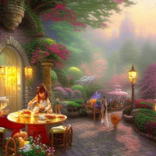 Stone cottage surrounded by lush greenery, a table outside the front door contai a sweet potato and a loaf of bread on top. 