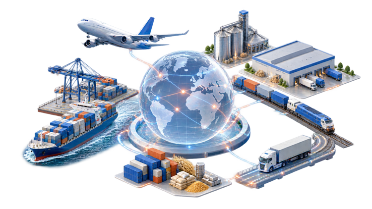 Illustration of global trade connecting grain storage, a container ship, aircraft, truck, train and warehouse around a globe.