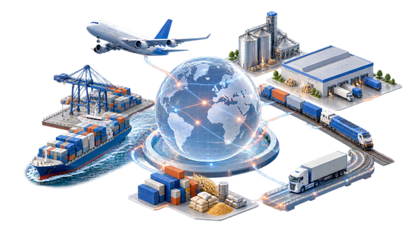 Illustration of global trade connecting grain storage, a container ship, aircraft, truck, train and warehouse around a globe.