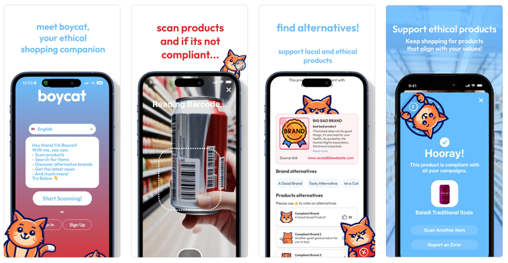 Four phone screenshots showing the functionality of the Boycat app