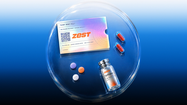 The Sleep Reset Pill sleeve and Zest RX tablets in a flat lay