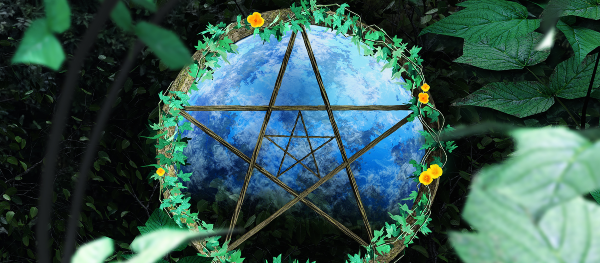Dark green foliage background with a pentacle in middle wreathed with light green leaves. Blue hues draw eyes beyond the pentacle.