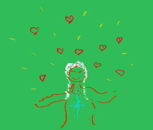 Red outline of a person with long white hair on green background. Blue star radiates at heart level and red hearts float around them.