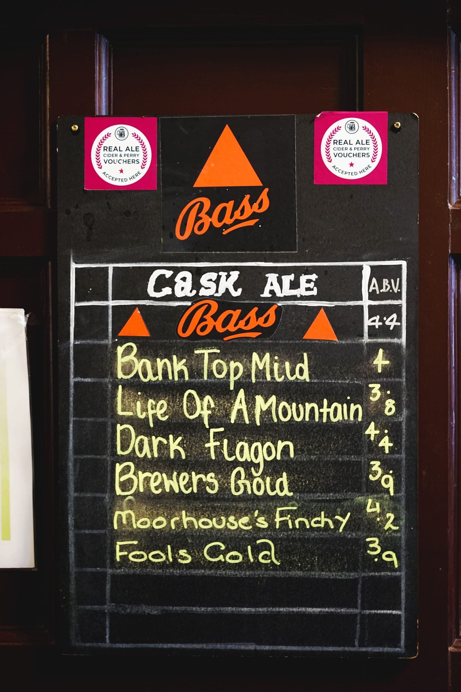 Image of a list of beers for sale at the Swan and Railway hotel in Wigan, including Bank Top Mild and Moorhouse's Finchy.