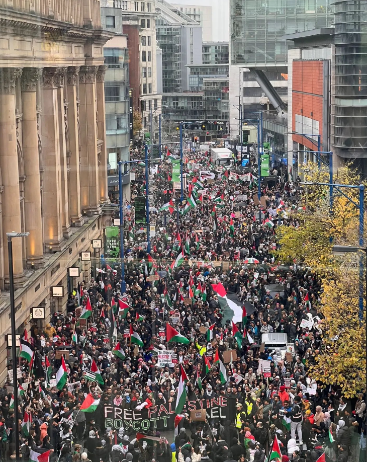 One of the marches goes down Cross Street. Photo: Manchester Palestine Action on Facebook.